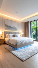 A modern bedroom with a large bed and a view