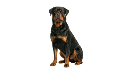 Obraz premium Beautiful black and tan Rottweiler dog sits attentively while looking directly at the camera with a calm and serious expression, showcasing its powerful build