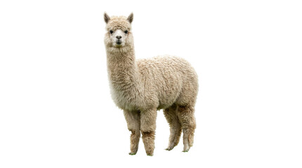Fototapeta premium Fluffy white alpaca with thick wool stands looking directly at the camera with a curious expression, showcasing its dense and soft fleece in a full-body portrait