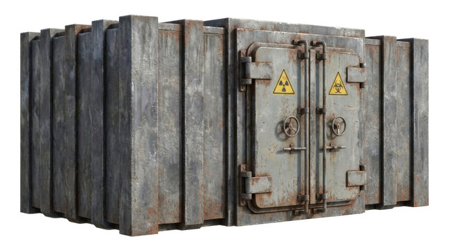 Heavy-duty weathered concrete hazardous waste container with sealed metal doors featuring radioactive and biohazard warning signs, showcasing a rusty, post-apocalyptic aesthetic