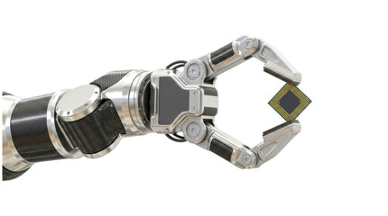 Futuristic robotic arm with carbon fiber and metal parts holds a computer microprocessor chip with its precision gripper, showcasing advanced manufacturing and automation