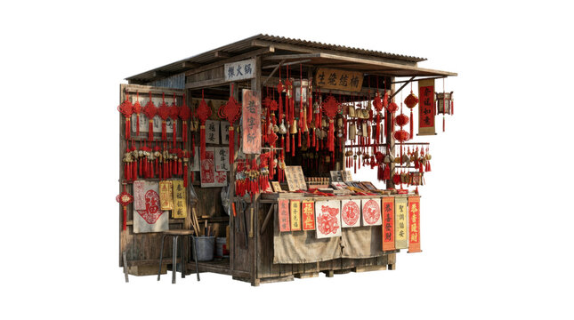 Rustic wooden market stall selling traditional red lunar new year decorations, lucky knots, and calligraphy scrolls in an authentic, old-fashioned street vendor setting