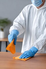 Person in protective gear cleans wooden surface