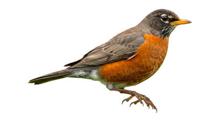 American robin bird with an orange breast and grey feathers stands in a full-length profile view, showcasing its detailed plumage, yellow beak, and sharp claws in a wildlife portrait