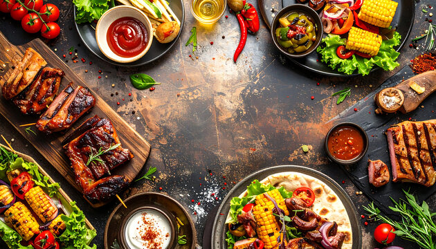 Gourmet flat lay barbecue feast for a restaurant menu banner, showcasing an overhead view of grilled meats, fresh vegetables, and delicious sauces, perfect for summer dining and culinary promotions