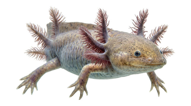 Realistic brown axolotl with feathery gills is shown swimming in a detailed full-body view, showcasing its unique amphibian anatomy, mottled skin texture, and neotenic features