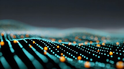 Abstract digital network wave of cyan lights and orange spheres