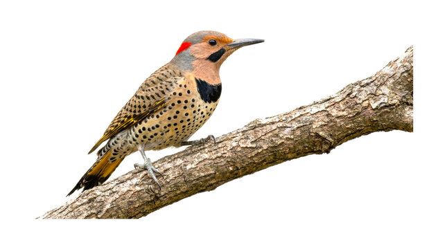 Beautiful Northern Flicker woodpecker bird with spotted plumage and a red nape perches gracefully on a textured tree branch in a detailed wildlife portrait