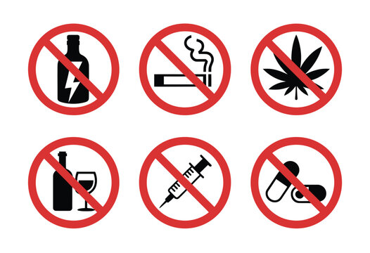 No drugs sign symbol isolated vector, featuring prohibition warning icon design for safety, health awareness, and regulatory signage use.