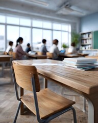 Classroom interior with students at desks bathed in light