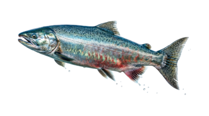 Large spawning coho salmon fish with vibrant red and green colors on its iridescent scales jumps through the air, captured in a detailed side profile with water droplets