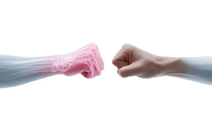 Fist bump with anatomical bone structure visible