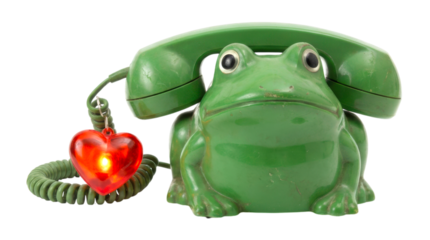 Vintage green frog-shaped novelty telephone with large eyes and a coiled cord features a glowing red heart charm, symbolizing a romantic call or nostalgic love connection