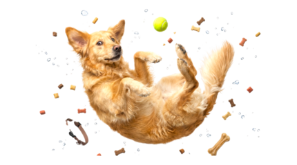 Happy fluffy golden mixed breed dog floats playfully on its back, surrounded by a tennis ball, treats, and water splashes in a dynamic, fun pet care concept