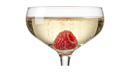 Elegant coupe glass of sparkling champagne with a fresh red raspberry submerged in the bubbly golden liquid, creating a festive and luxurious mood