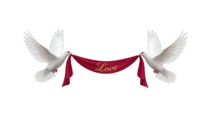 Two beautiful white doves flying together hold a red ribbon with the golden word love, symbolizing romance and peace for a wedding or Valentine's Day celebration