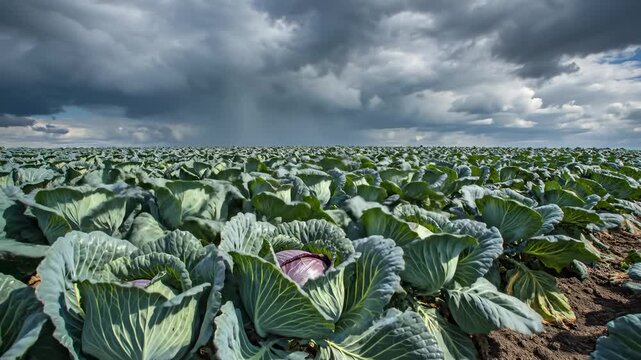 Rows of Cabbage Growing on Farm Under Stormy Sky