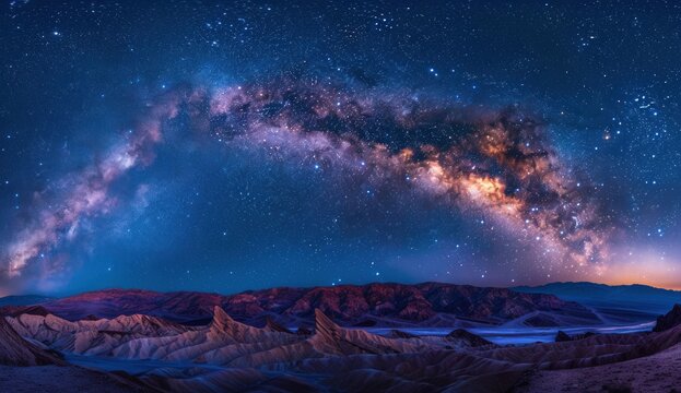 Stunning Milky Way galaxy brilliantly arches over a desolate, rugged desert at night