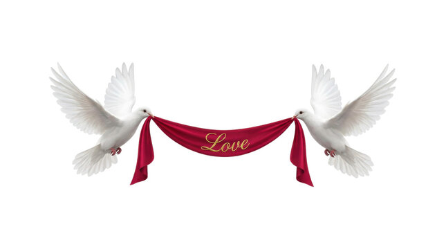 Two beautiful white doves flying together hold a red ribbon with the golden word love, symbolizing romance and peace for a wedding or Valentine's Day celebration