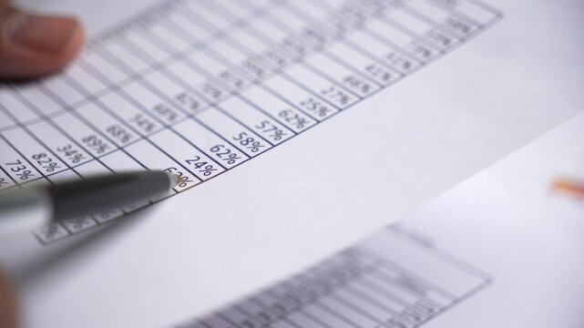 Close-up of a person's hand holding a pen and pointing at statistical data and percentages on a business document