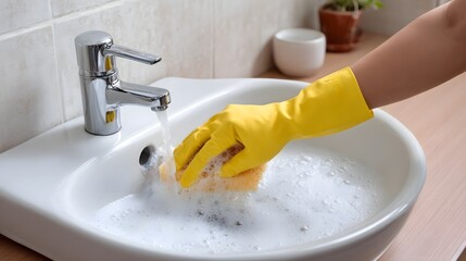 Yellow gloved hand scrubbing a white sink with running water and foam
