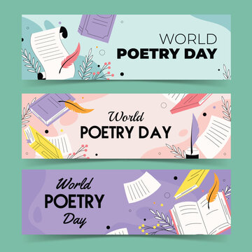 World poetry day illustrations with books scrolls and feather quills