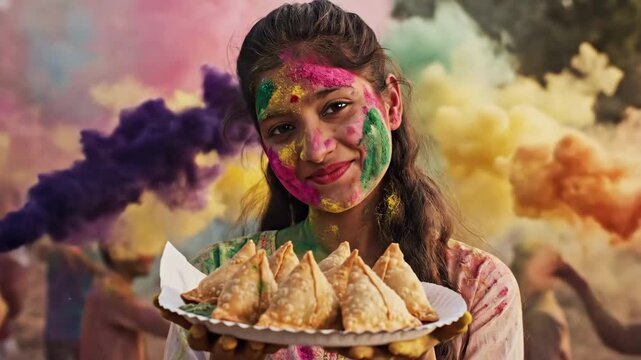 Indian Woman Baker Presenting Plate Samosas Amid Vibrant Holi Smoke And Cheering Crowd, Golden Fried Pastry Rows, Colorful Powder Clouds, Rustic Fair Atmosphere And Joyful HandsOff Offering.