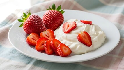 Fresh strawberries with yogurt on a white plate