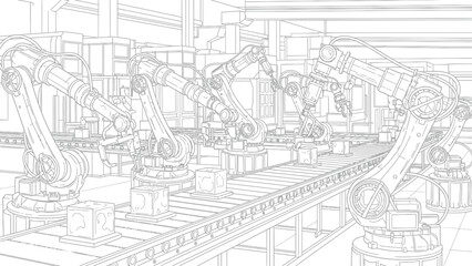 Fototapeta premium Detailed outline drawing of multiple industrial robotic arms precisely manipulating products along an automated factory conveyor belt system for manufacturing processes.