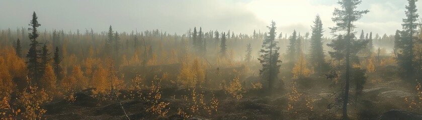 A misty forest landscape featuring tall trees with vibrant autumn foliage, bathed in soft light, creating a serene and tranquil atmosphere.