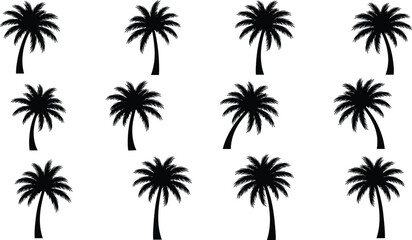 Palm tree silhouette vector set, tropical trees, black palm clipart, beach tree icons, summer, nature, exotic, graphic, design