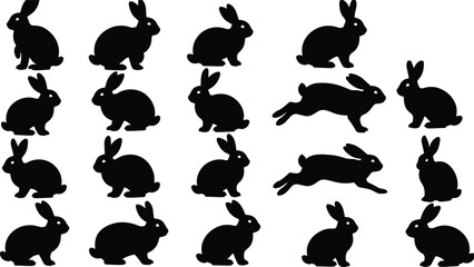 Rabbit silhouette vector set, bunny clipart, black rabbit poses, leaping bunny, sitting rabbit, wildlife, nature, animal, design