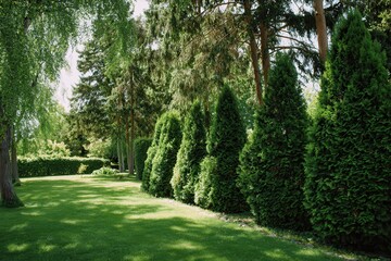 Naklejka premium Lush green landscaping in a serene park featuring neatly trimmed lawn and vibrant trees in bright sunlight