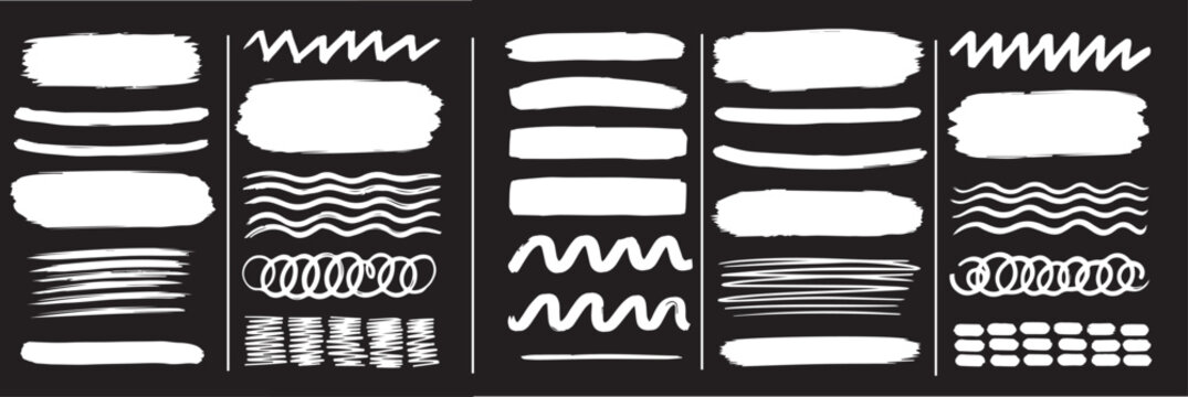Hand drawn chalk and charcoal texture marks with rough grunge strokes, pastel pencil scribbles, white underline doodles and sketchy brush bar elements eps