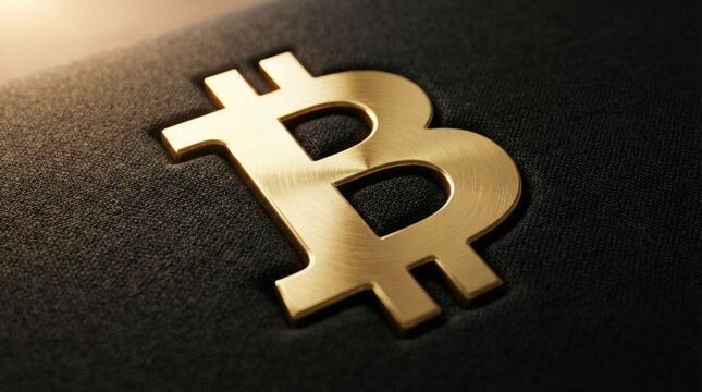Golden Bitcoin Symbol on Dark Fabric - Close up of a shiny gold symbol set against textured dark fabric, representing decentralized currency, finance, investment, technology, and assets