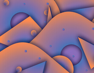 Vibrant abstract pattern with orange and blue shapes and dots on a gradient background