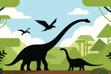 Prehistoric scene with two sauropod dinosaurs, flying pterosaurs, green landscape, and cloudy blue sky. © HardTeam