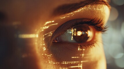 Woman's eye, circuit overlay, bokeh background, future tech concept
