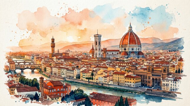 Watercolor Panorama of Florence - A vibrant watercolor painting depicting a panoramic view of Florence, Italy, showcasing its iconic landmarks and architectural beauty