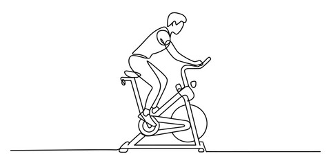 A continuous line art drawing of a man riding a stationary exercise bike for fitness © Badhon_Designer