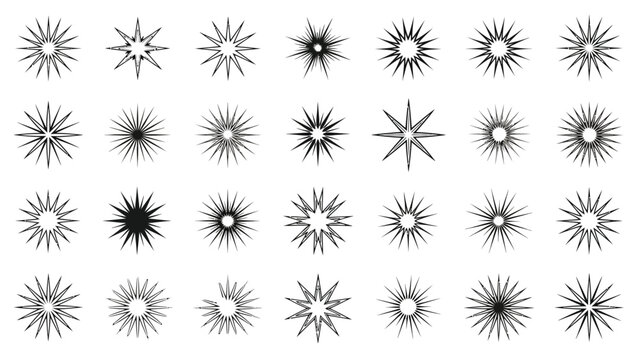 Collection of unique black and white vector starburst shapes showcasing various spike designs for graphic design and festive decoration elements