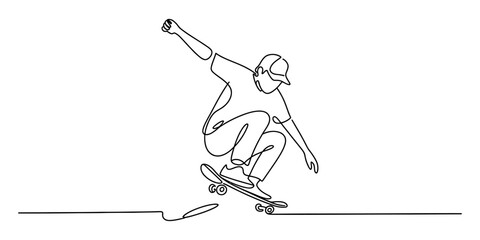 Continuous line art drawing showing a young skateboarder performing a dynamic trick © Badhon_Designer