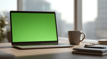 Laptop with green screen placeholder on a tidy office desk