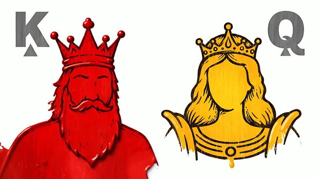 Illustration depicting the creation process of king and queen playing card faces, showing initial sketch, color fill, and final design elements with bold royal iconography.