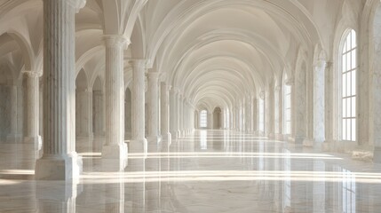 Long corridor of marble pillars inside a serene building