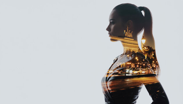 High-fashion female portrait silhouette in side profile, double exposure blended with Paris fashion week street lights and elegant architecture, glossy highlights, cinematic contrast, editorial fine-a