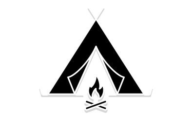 趣味のキャンプ：テントと焚き火のシンプルなアイコンイラスト