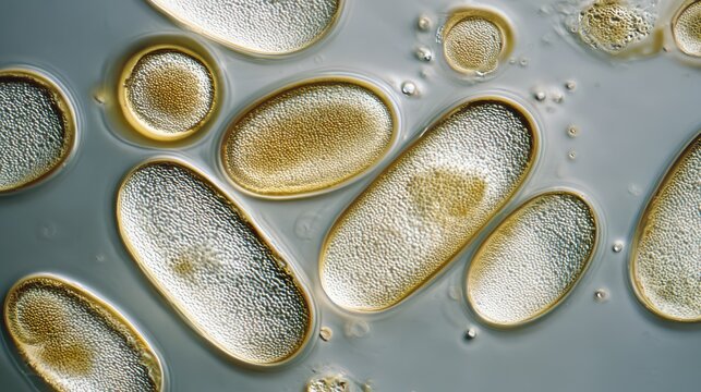 Macro close-up of budding yeast cells (Saccharomyces cerevisiae) under bright illumination