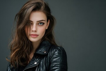 Fototapeta premium Woman model showcases confident style in a leather jacket against a simple background