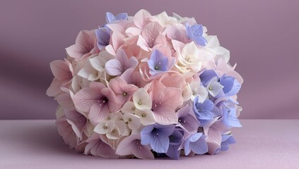 A delicate bouquet of pastel hydrangeas in shades of pink blue and white